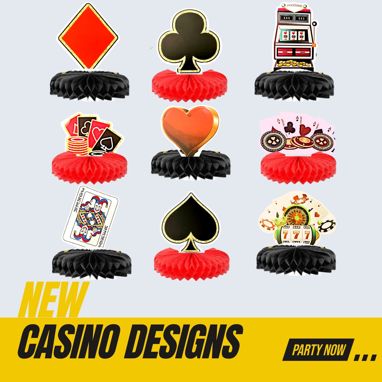 9 Poker Honeycomb Centerpieces + 1 Poker Night Garland Backdrop Casino Theme Party Decorations Set